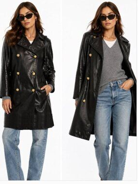 Vintage Laurence Roy Black Leather Coat Gold Button Double Breasted S/M